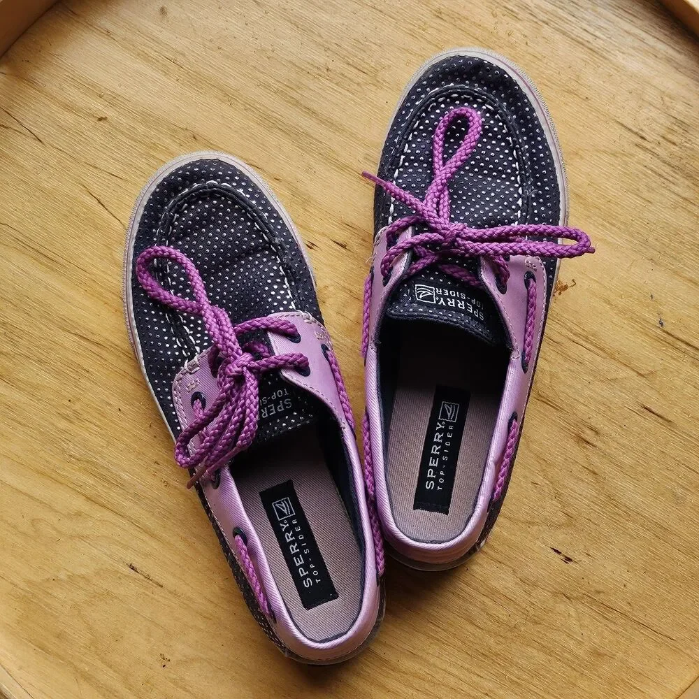Sperry Girls Top-Sider Bahama Navy/Purple Dot Us 2.0M boat Shoes preppy slip-on